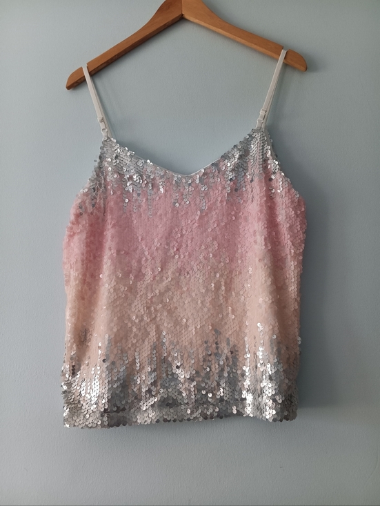 Say What Pink Ombre Sequin Tank Top L Dressy Camisole Lined - Picture 2 of 6